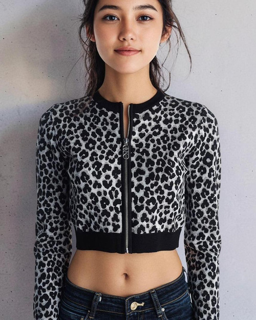 Michael Kors Black Leopard Print Cropped Knit Zip Jacket front view in white base with black & light grey animal print