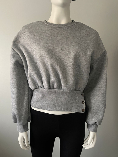 Grey Fleece Oversized Cropped Sweater front view with round neck, long balloon sleeves & ribbed cropped waistband