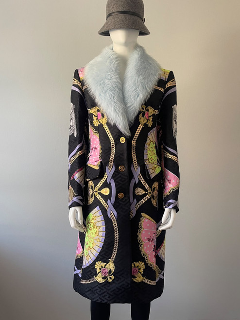 Versace Ventagli La Greca Coat full front view with removable real lamb fur collar, gold Medusa head buttons & La Greca print
