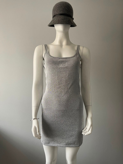 Alexander Wang Silver Metallic Tank Bodycon Mini Dress full front of cami tank in metallic finish, scoop neck & ribbed hem