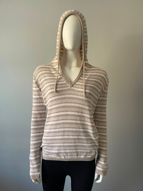 Be Hip Designer Wear Tan & White Striped Knit Hoodie front view with drawstring hood worn on mannequin & long sleeves