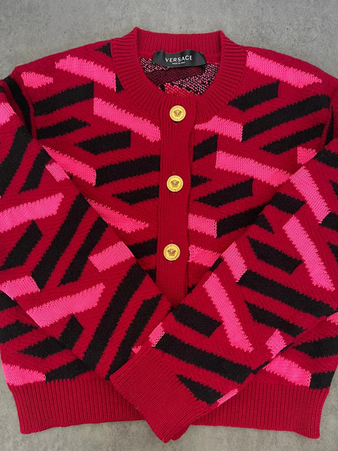 Versace Red La Greca Knit Cardigan flat lay front in pure virgin wool with red base & black & red La Greca print