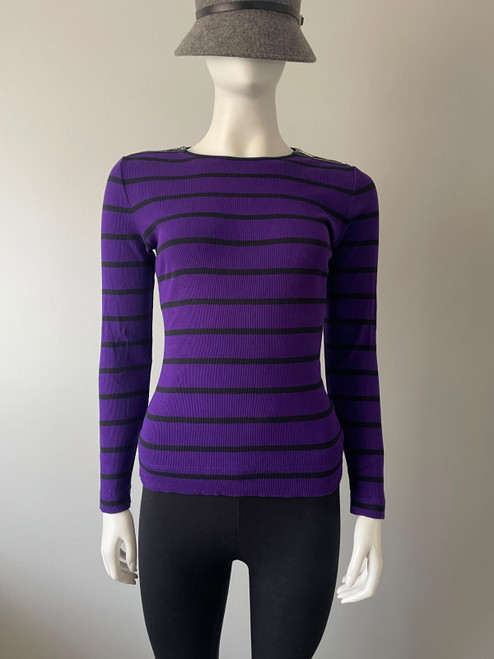 Lauren Ralph Lauren Purple & Black Striped Knit Sweater full ribbed front in purple base with thin horizonal black stripes