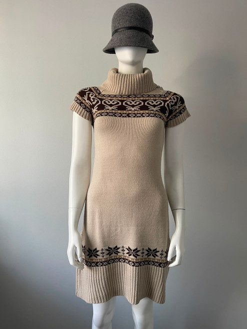 Ginger Mary Ivory Knit Jersey Dress front view with polo neck, short sleeves & signature Ginger Mary heart logos on the chest