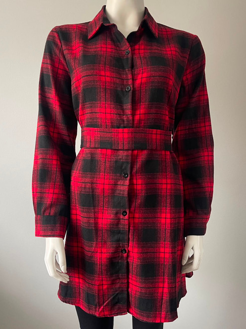 Red & Black Flannel Check Button Shirt Dress front view worn with matching fabric belt tied at the back