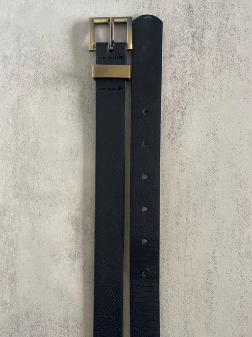Woolworths Black Square Buckle Classic Belt front view with black strap, gold brass buckle & keeper & belt holes