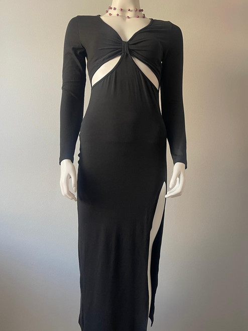 Shein Black Cut Out & Slit Bodycon Midi Dress full front view with diagonal cut outs above the waist & plunging V-neckline