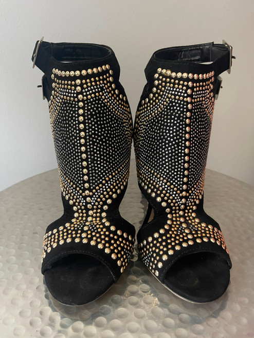 Footwork Black Stud Embellished Heel Sandals front view with gold & silver multi size studs on the full upper of the heel
