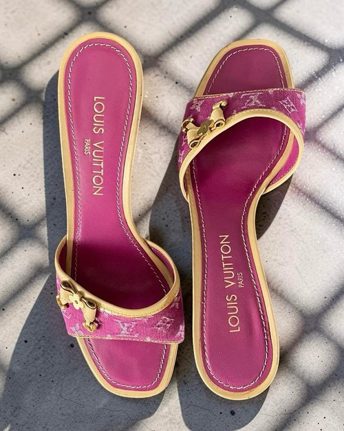 Louis Vuitton Fuchsia Pink Monogram Denim Kitten Heels top view with contrast tan trim & white LV monogram on toe straps