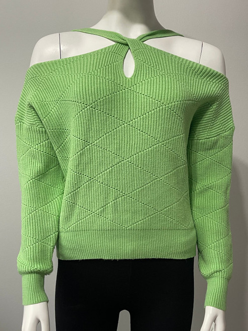 Green Cut-Out Shoulder Knit Sweater closer front view with long sleeves & crossover neckline with open shoulder detail