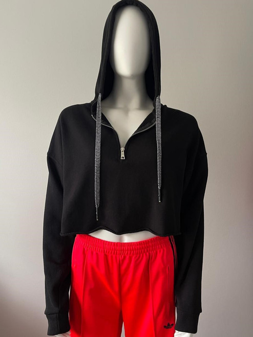 Cotton On Black Crop Hoodie Frayed Rolled Hem closer front with hoodie worn on mannequin, long sleeves & loose fit