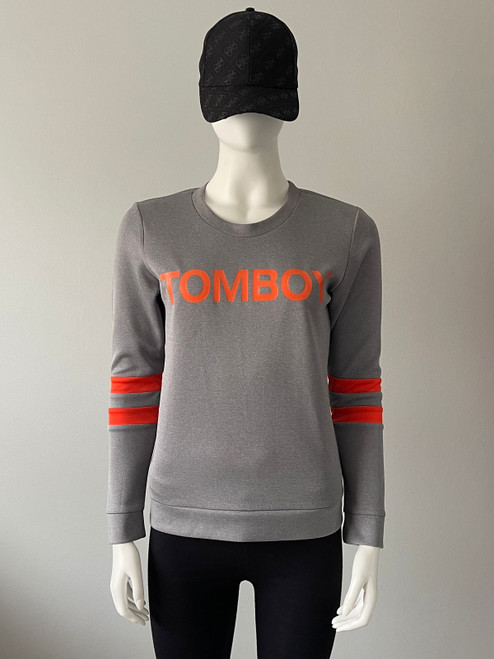 C(inch) Grey Tomboy Logo Sweater front view with round neckline, long sleeves & TOMBOY in neon orange on the chest