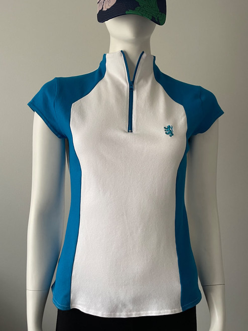 Pringle of Scotland White & Blue Quarter Zip Golf Shirt closer front view with white front panel, blue side panels & short sleeves