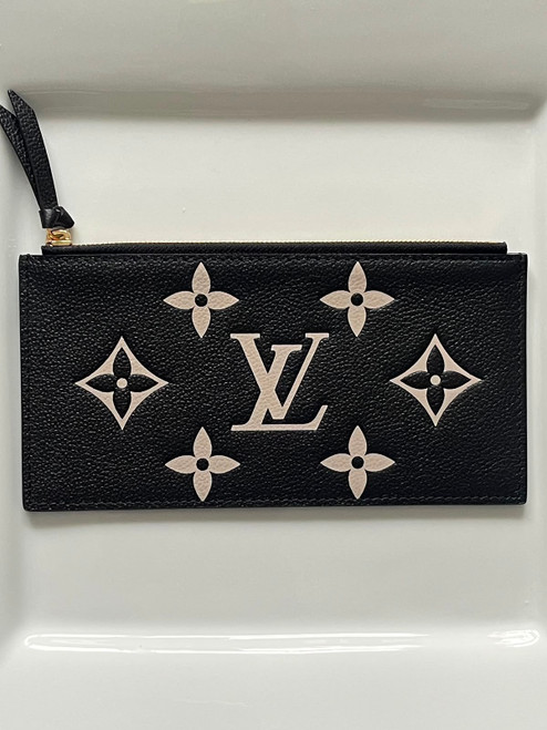 Louis Vuitton Félicie Pochette Black Zippered Pouch Insert front view in black with giant cream monogram & leather zip pull