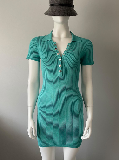 Guess Turquoise Ribbed Knit Bodycon Mini Dress front view with short sleeves, half-press button placket, GUESS branded