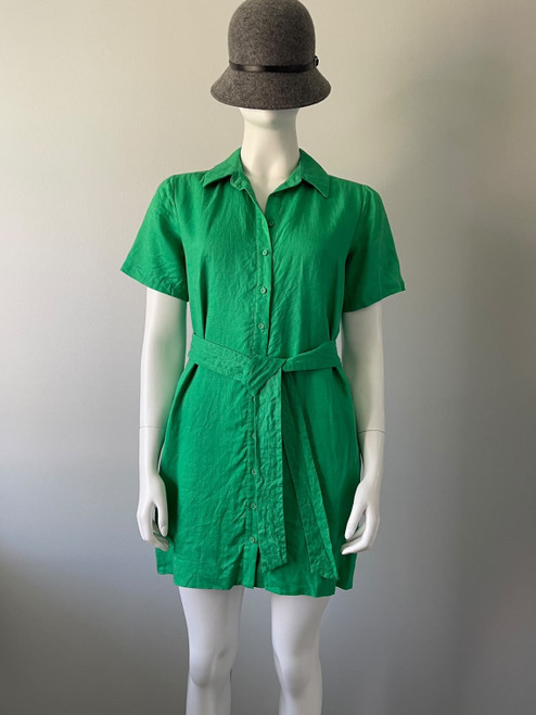 Forever New Green Belted Linen Mini Dress front view in vibrant green & full button front & waist tie belt