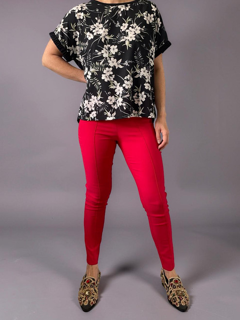 Foschini Red Skinny Leg Trousers front view worn on model in vibrant red, stretch waistband & front pintuck detailing