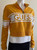 Guess Yellow Logo Crop Sweater Side angle with long sleeves, cropped length & raised collar with zip ring