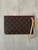 Louis Vuitton Neverfull Monogram Pochette back view with monogram print canvas, leather strap & pink trim zip track
