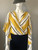 Phenomena Flared Sleeve Wrap Blouse front in mustard yellow, white, black diagonal striped pattern