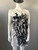 Black & White Graffiti Mini Dress full front with 1 short & 1 long draped sleeve in white base with black graffiti details