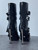 Versace Black Pin-Point Buckle Boots rear view with mid calf zips, sharp silver pin-point heels, & contour-hugging shaft