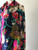 Kenzo Silk Floral Stole Scarf front angled view in navy base with colorful poppies & pansies with fuchsia border