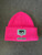 Chiara Ferragni Ribbed Beanie front flat flay in bright pink knit with double brim folded showing eye motif & brand logo