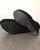 Re: Denim Black Suede Peep-Toe Wedge Platforms - outsole view showing tread pattern and very light signs  of wear
