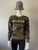 Guess Green Camouflage Sweatshirt full front view with round neck, black chest panel with gold GUESS logo