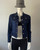 Dark Blue Stretch Denim Jacket full front view in dark blue denim with front silver buttons unbuttoned