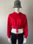 Red Corset Waist Quilted Cropped Hoodie front view in crop cut & laced up detailed ribbed corset waist with silver eyelets