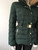 Michael Kors Green Belted Puffer Fur Hood Jacket angled side showing belt loops, puffy quilted fabric  & flap press studs