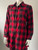 Red & Black Flannel Check Button Shirt Dress angled front with collar, long sleeves, worn with no belt & belt loops on sides