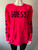 Guess Neon Fuchsia Logo Knit Sweater closer front view with long sleeves, GUESS black chest logo, ribbed neck, cuffs & hem