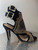 Footwork Black Stud Embellished Heel Sandals right side view with double gold buckles on both ankle straps & side cut out