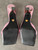 Versace Metallic Pink Suede Chain Heel Sandals black outsoles view with visible signs of previous wear & gold medusa head