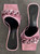 Versace Metallic Pink Suede Chain Heel Sandals top view of black insoles with VERSACE logo, square toes with chain detail