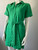 Forever New Green Belted Linen Mini Dress angled front with button collar untied, short sleeves & relaxed fit