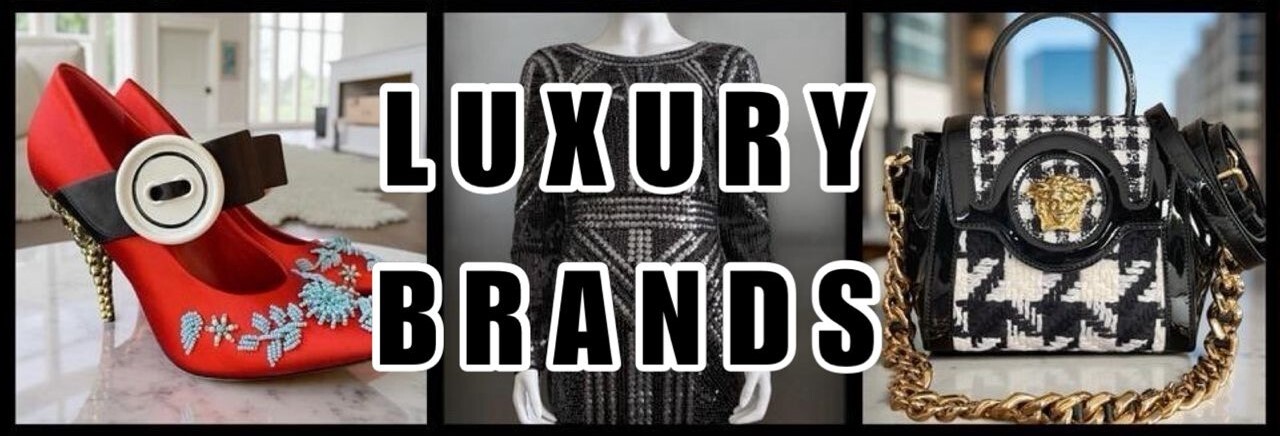 Prada Red Mary Jane Satin Heels with Blue Beading, Karen Millen Black Sequin Bodycon Mini Dress & Versace La Medusa  Black & White Tweed Bag collage with “LUXURY BRANDS” text.