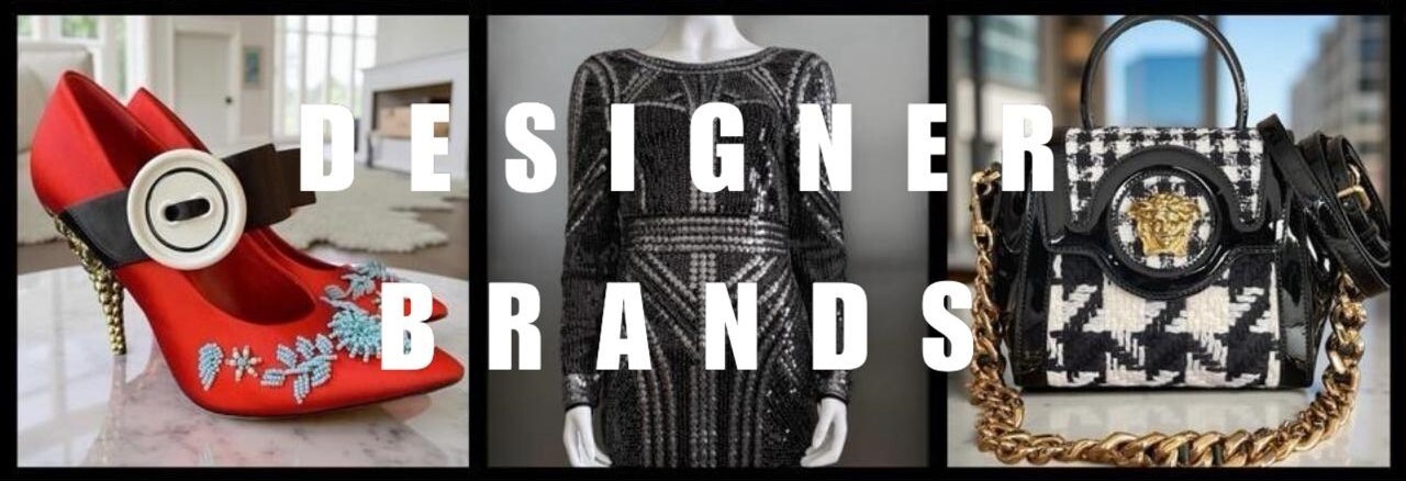 Prada Red Mary Jane Satin Heels with Blue Beading, Karen Millen Black Sequin Bodycon Mini Dress and Versace La Medusa Tweed Bag collage with “Designer Brands” text.