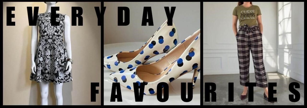 Lipsy London black mini dress with white embossed florals, white polka dot heels and woman in Guess olive green top with checkered paper bag trousers and burgundy flats collage with “Everyday Favourites” text.