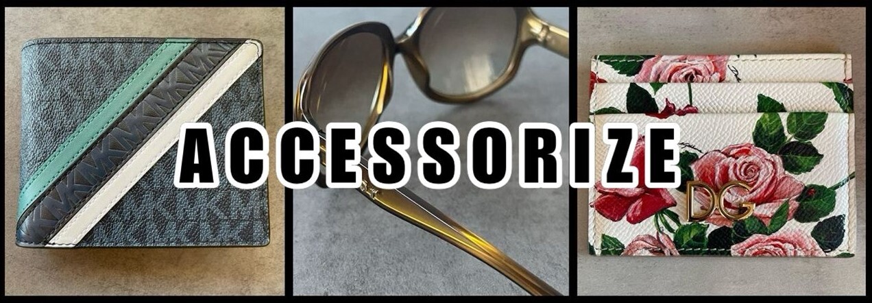 Michael Kors Navy Embossed Cooper Logo Wallet, Christian Dior Gold Brown Oversized Sunglasses and Dolce & Gabbana White Card Holder with Rose Print collage with “ACCESSORIZE” text.