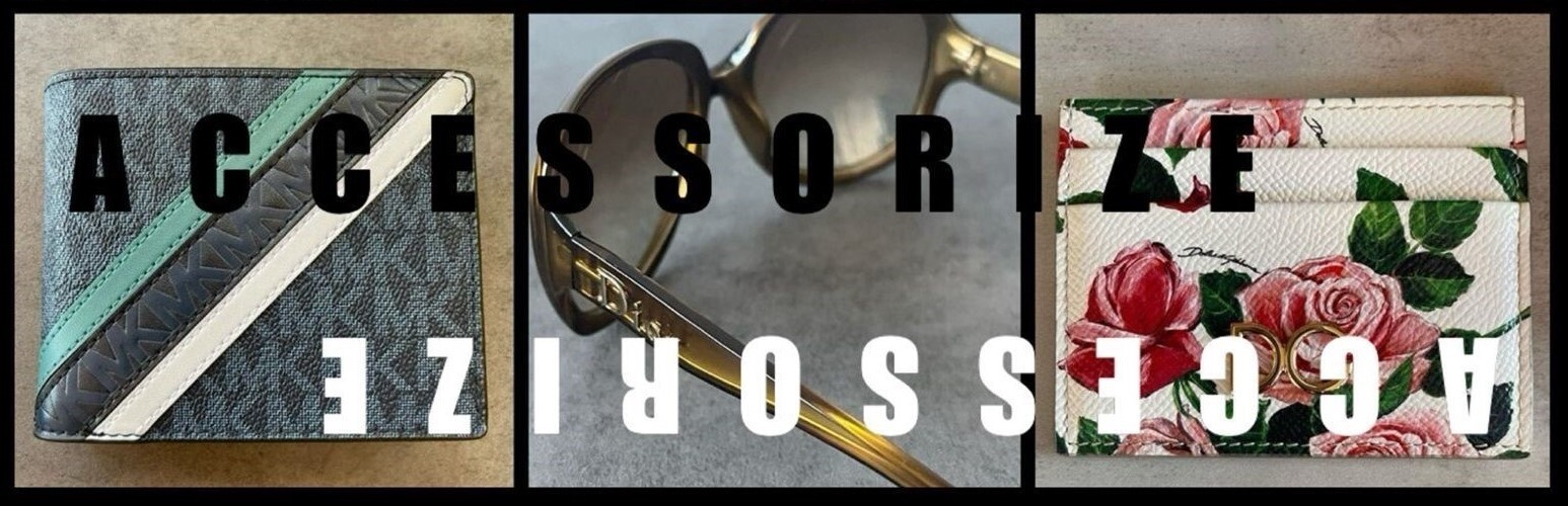 Michael Kors navy embossed Cooper wallet, Dior gold brown sunglasses and Dolce & Gabbana white rose print card holder collage with “Complete “Accessorize” text.