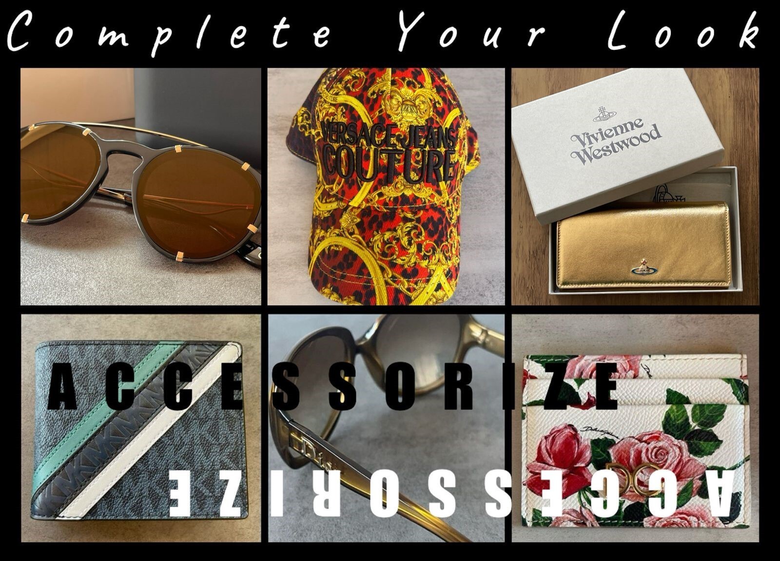 Givenchy aviator sunglasses, Versace Jeans Couture orange and yellow baroque print baseball cap, Vivienne Westwood gold wallet, Michael Kors navy embossed Cooper wallet, Dior gold brown sunglasses and Dolce & Gabbana white rose print card holder collage with “Complete Your Look” and “Accessorize” text.