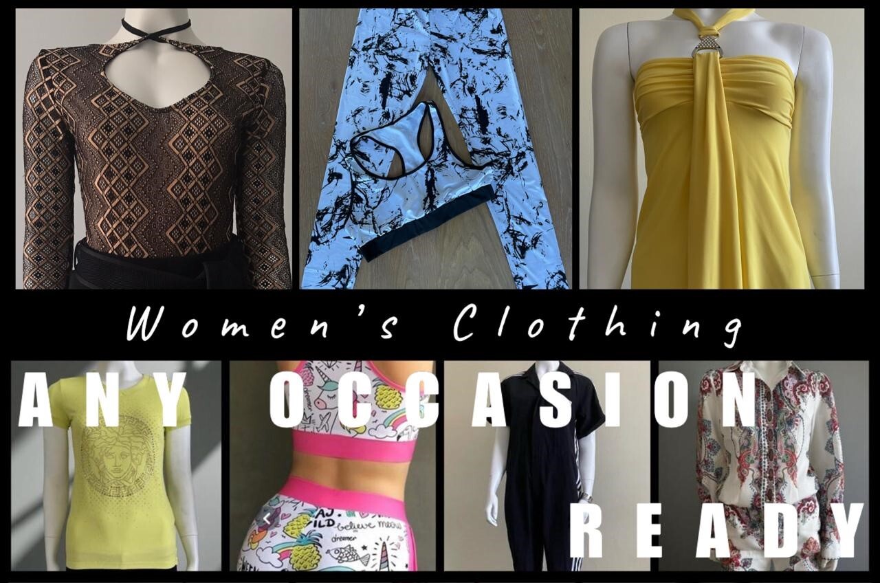 Gert-Johan Coetzee brown and gold bodysuit, white racer bra and matching white black splatter leggings set, Pinko yellow halter neck top, Versace lime Medusa T-shirt, pink unicorn activewear set on model, Adidas Fiorucci black boiler suit and LaMara paisley shirt and shorts collage with “Women’s Clothing – Any Occasion Ready” text.