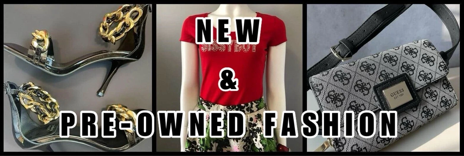 Jeffrey Campbell Chain Heel Sandal, red Sissy Boy Reflective Logo T-Shirt on mannequin and Guess Convertible Belt and Crossbody Bag collage with “New and Pre-Owned Fashion” text.