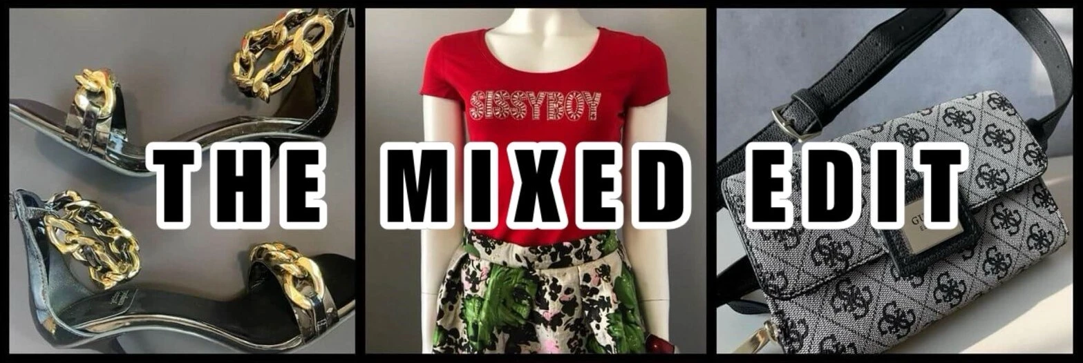 Jeffrey Campbell Chain Heel Sandal, red Sissy Boy Reflective Logo Red T-Shirt on mannequin & Guess Convertible Belt and Crossbody Bag collage with “THE MIXED EDIT” text.