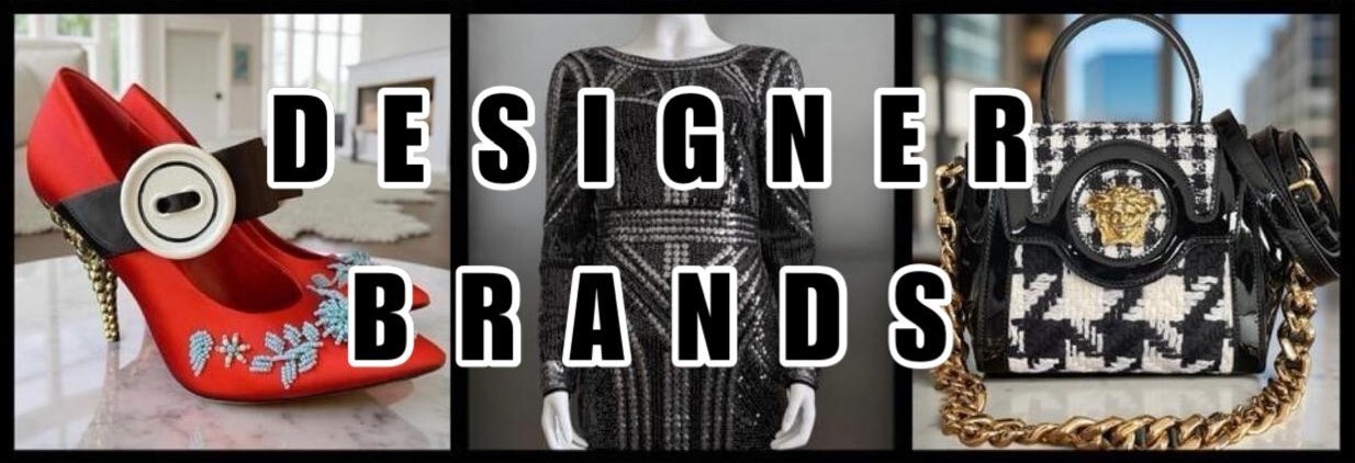 Prada Red Mary Jane Satin Heels with Blue Beading, Karen Millen Black Sequin Bodycon Mini Dress and Versace La Medusa Tweed Bag collage with “Designer Brands” text.