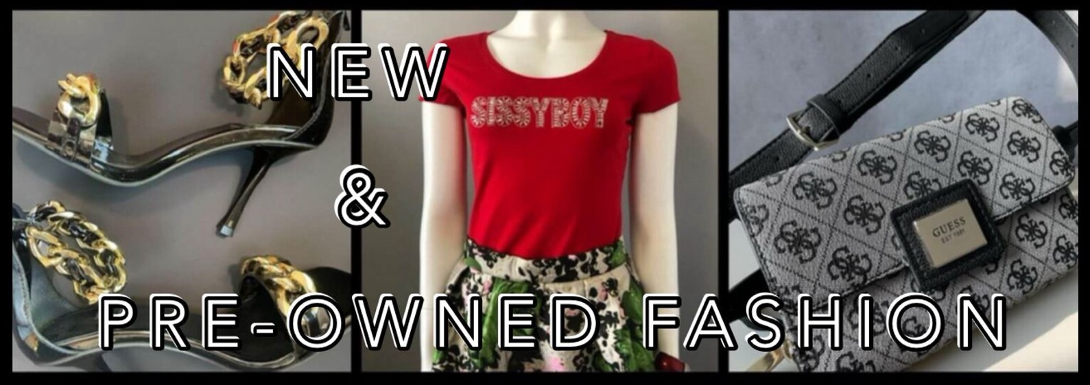 Jeffrey Campbell Chain Heel Sandal, red Sissy Boy Reflective Logo T-Shirt on mannequin and Guess Convertible Belt and Crossbody Bag collage with “New and Pre-Owned Fashion” text.